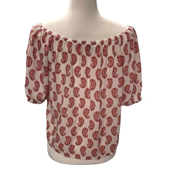 Loft Red White Paisley Blouse Top Off Shoulder Americana Short Sleeve SP - Picture 4 of 7